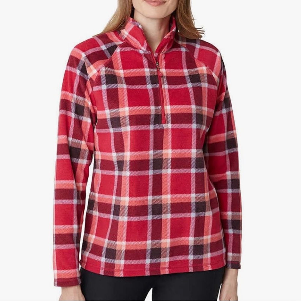 Eddie Bauer Fleece 1/4 Zip Long Sleeve Pullover Top Dark Berry Plaid Sz M